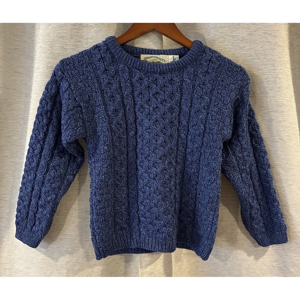 Aran Crafts Sweater Blue Wool Hiking Cable Knit Fisherman Ireland Chunky Kid 6-7